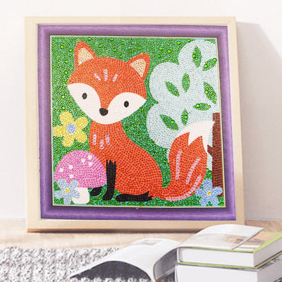 Colorful Diamond Painting Kit featuring a cute fox among flowers and mushrooms in a decorative frame
